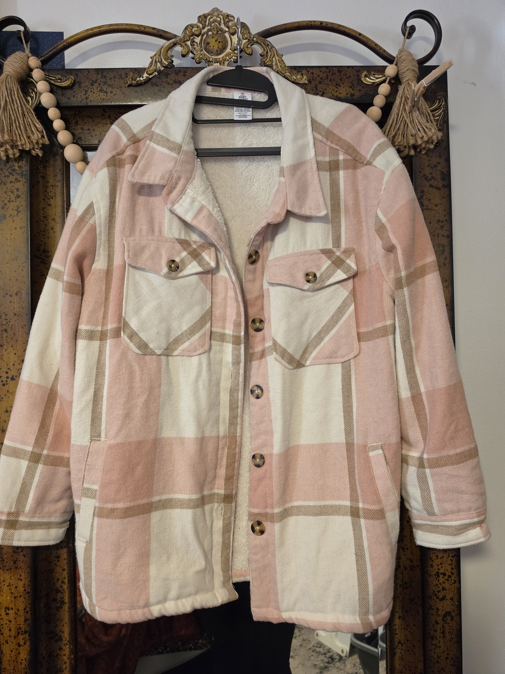 Makers Market Pink & Cream Plaid Teddy Shacket